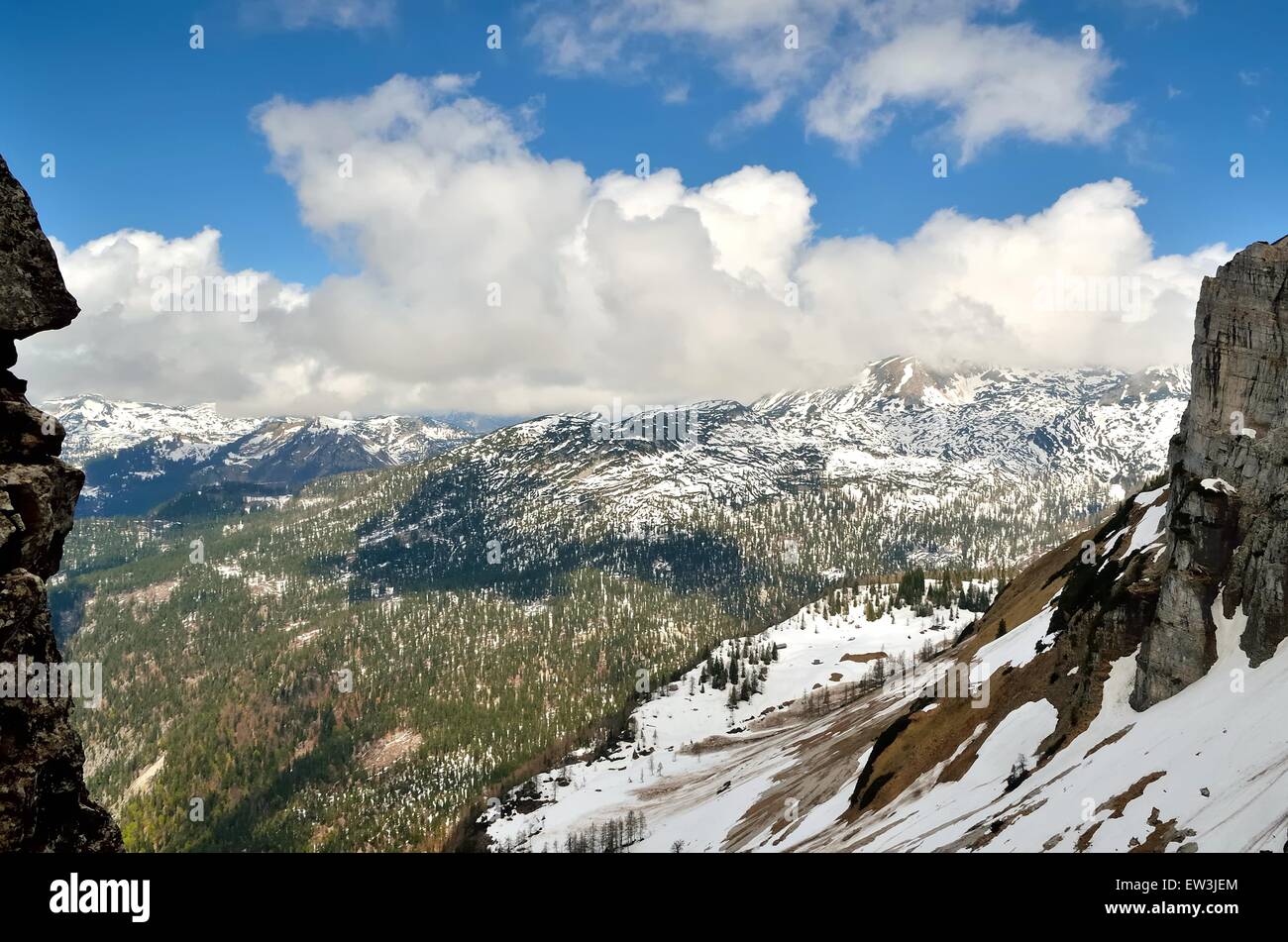 Mountain landscape. View from Loser peak over summits covered with snow, Dead Mountains (Totes Gebirge) in Austria. Stock Photo