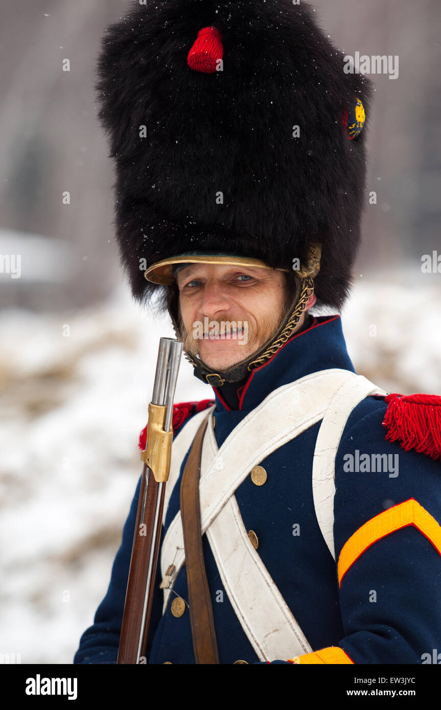 RUSSIA, APRELEVKA - FEBRUARY 7: Unidentified russian musketeer in uniform posing on reenactment of the Napoleonic maneuvers near the Aprelevka city, in 1812. Moscow region, Aprelevka, 7 February, 2015, Russia Stock Photo
