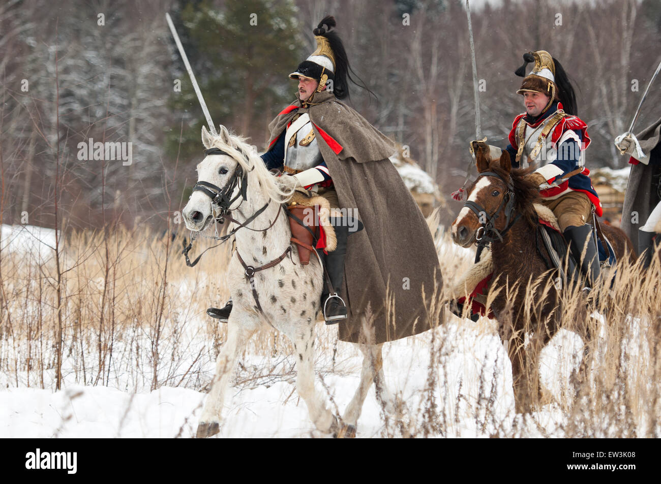RUSSIA, APRELEVKA - FEBRUARY 7: Unidentified cavalry soldier ride on a horse on reenactment of the Napoleonic maneuvers near the Aprelevka city, in 1812. Moscow region, Aprelevka, 7 February, 2015, Russia Stock Photo