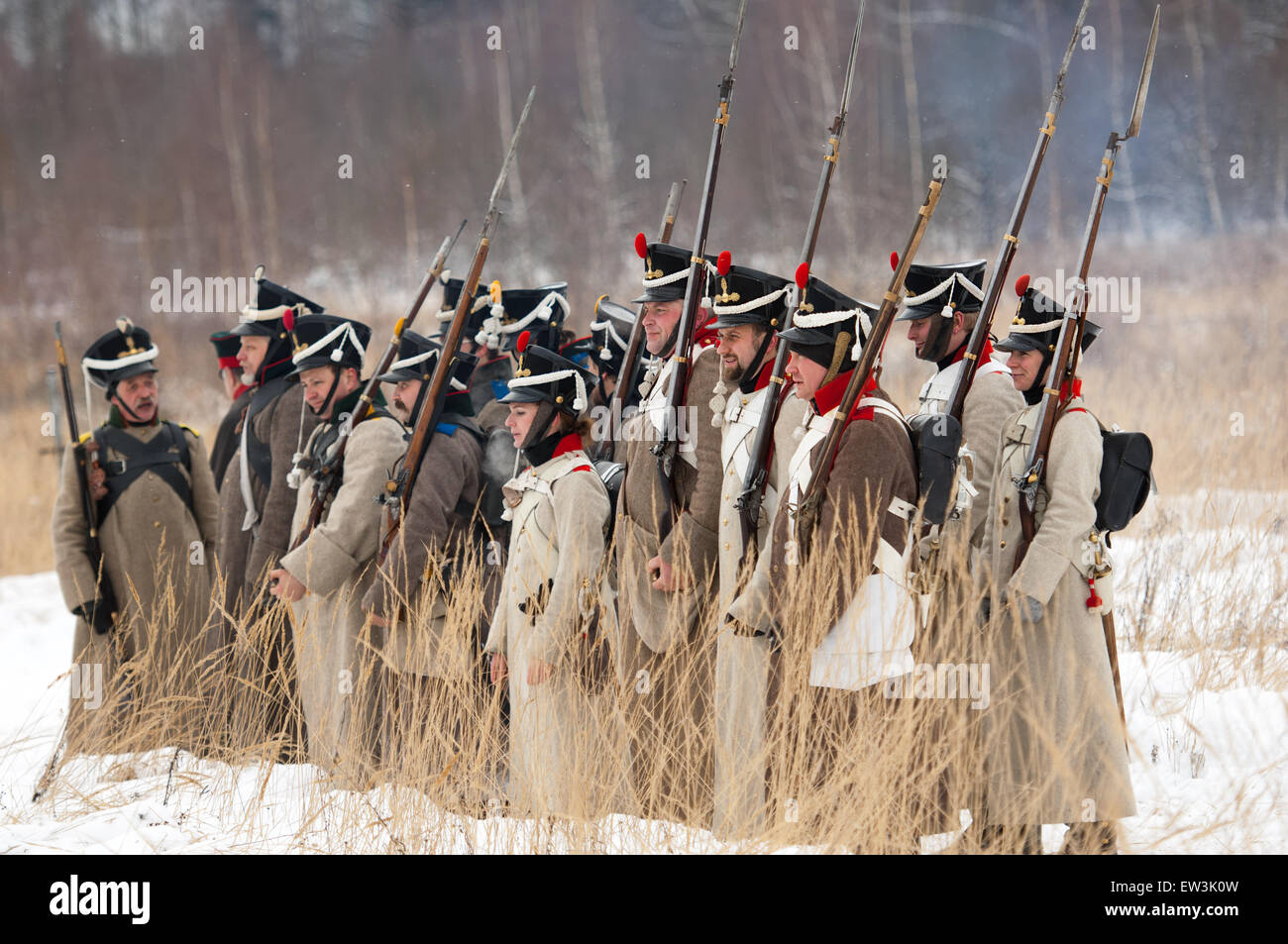 RUSSIA, APRELEVKA - FEBRUARY 7: Unidentified soldiers in row on reenactment of the Napoleonic maneuvers near the Aprelevka city, in 1812. Moscow region, Aprelevka, 7 February, 2015, Russia Stock Photo