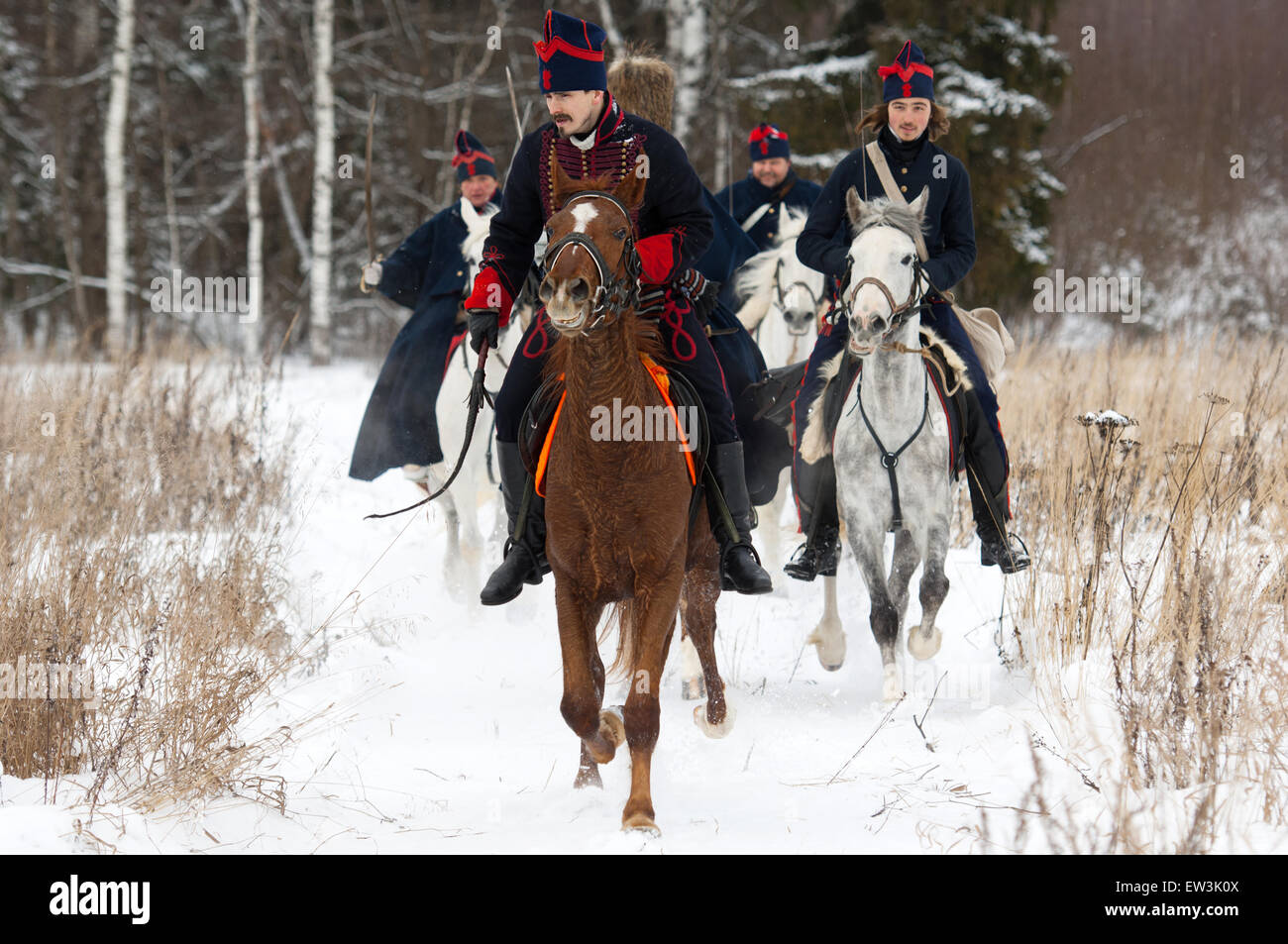 RUSSIA, APRELEVKA - FEBRUARY 7: Unidentified cavalry soldier ride on reenactment of the Napoleonic maneuvers near the Aprelevka city, in 1812. Moscow region, Aprelevka, 7 February, 2015, Russia Stock Photo
