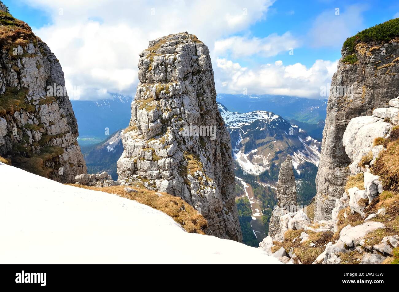 Mountain landscape. View from Loser peak over steep rocky wall in Dead Mountains (Totes Gebirge) group of mountains in Austria. Stock Photo