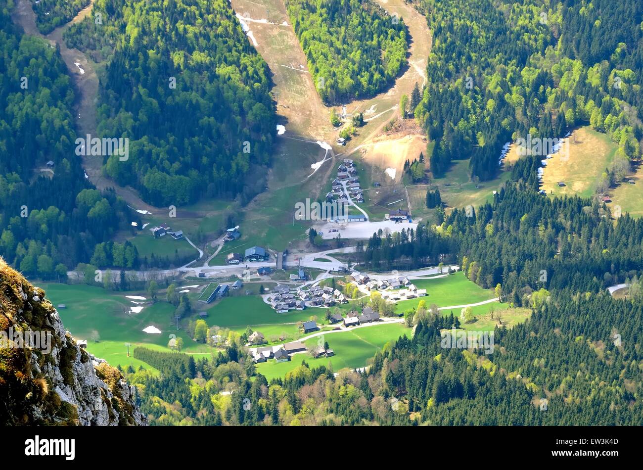 Altaussee Village in Austrian mountains. View from Loser peak over Altausse in Dead Mountains (Totes Gebirge) in Austria. Stock Photo