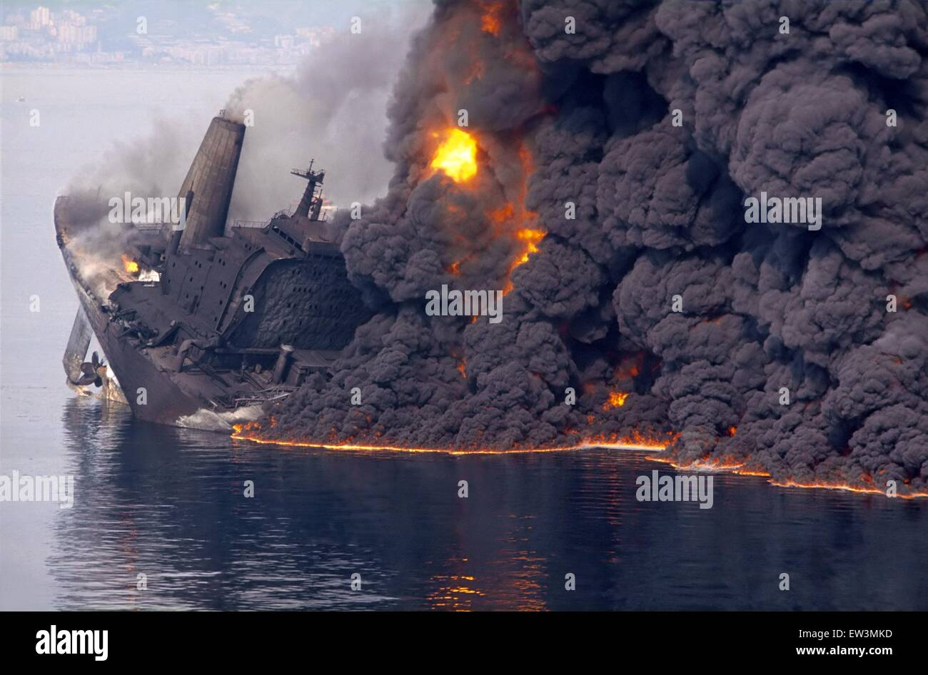 Disaster of  Haven oil tanker, went up in flames and sunk in front of Genoa (Italy) in April 1990 Stock Photo