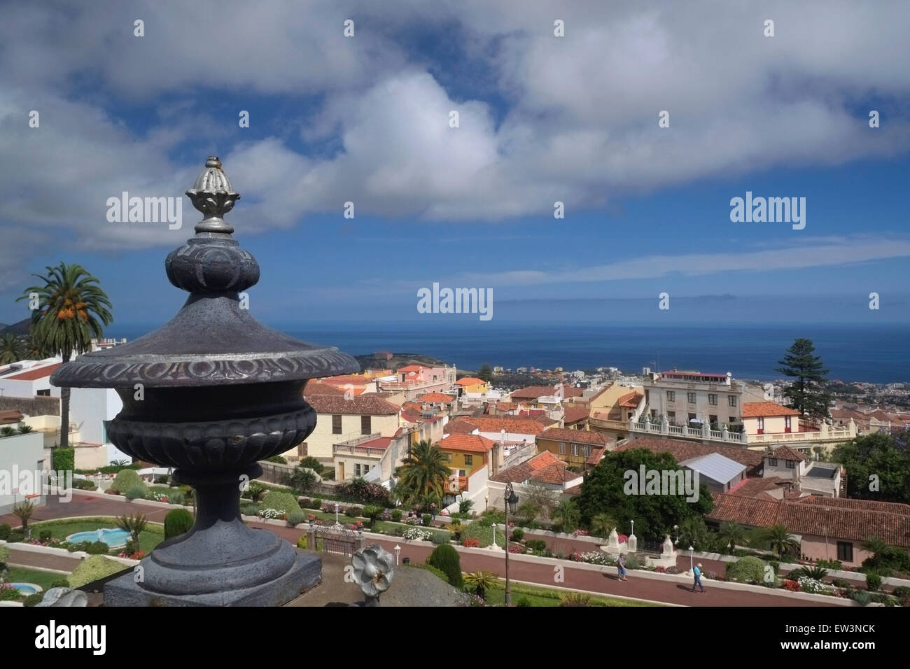 View of the town of La Orotava from Jardines del Marquesado de la Stock