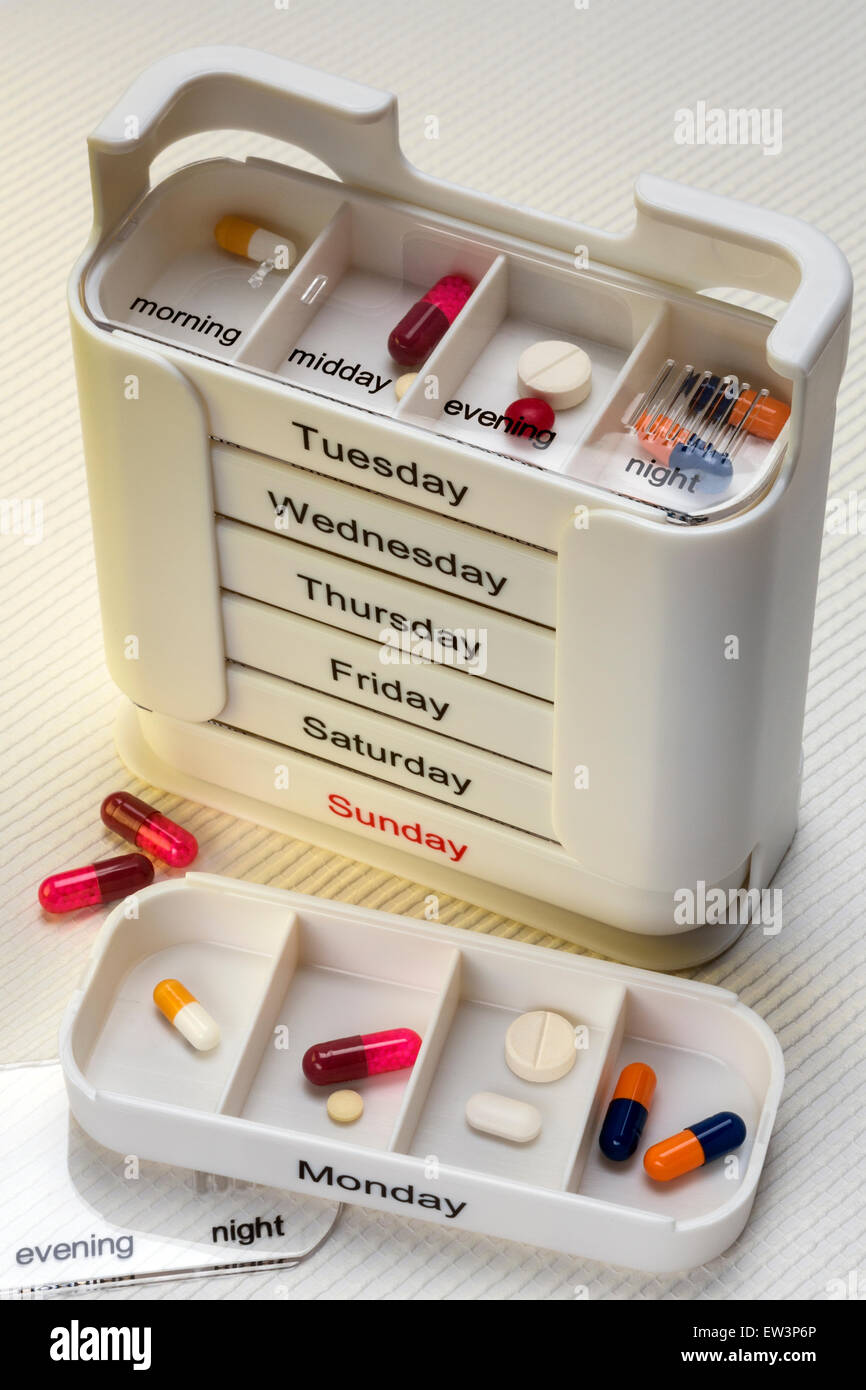 Medical Treatment - Drugs to be taken daily in the morning, midday, evening and at night. Stock Photo