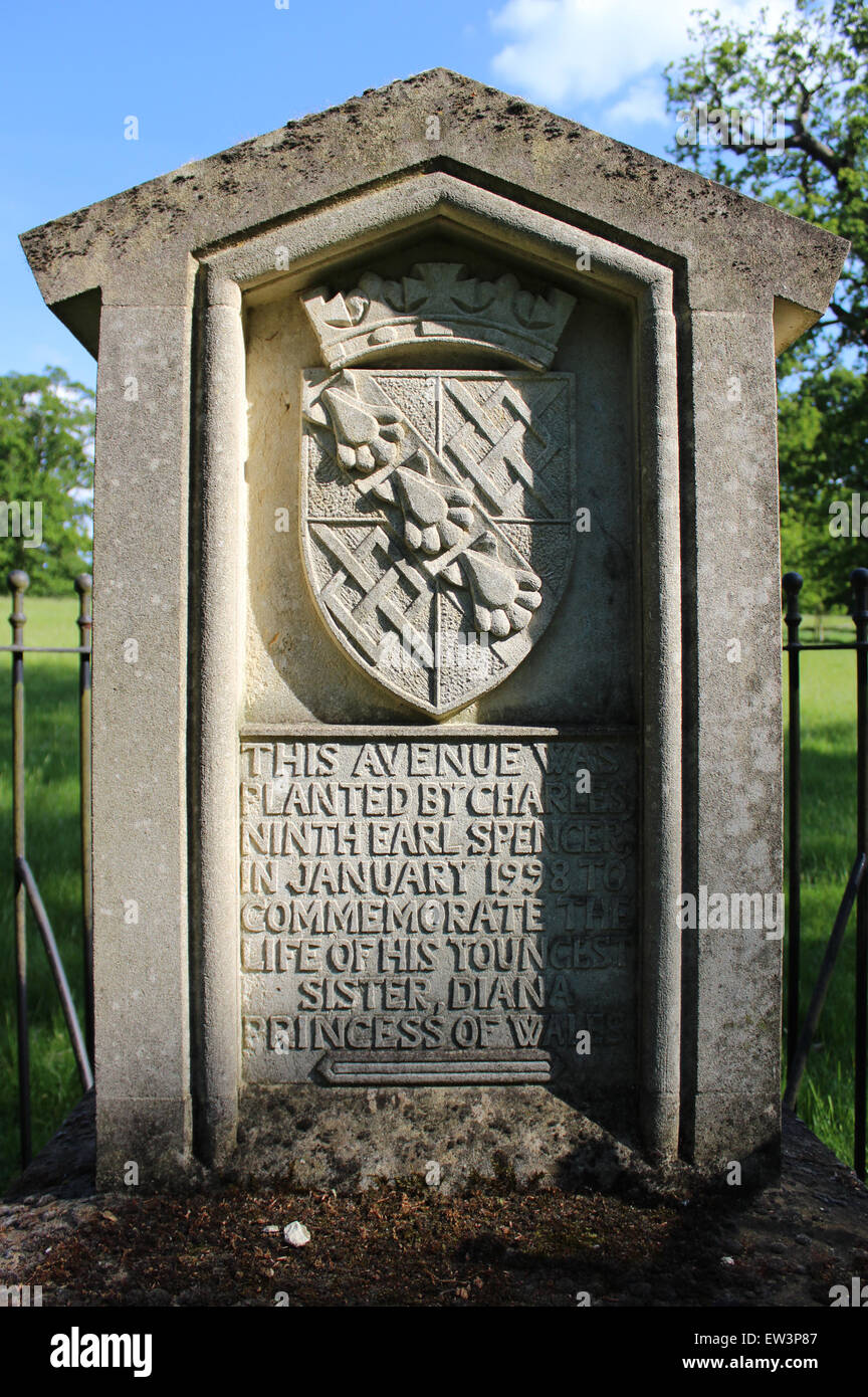 Close up, memorial to Diana Princes of Wales,  avenue of 36 oaks in  drive at Althorp, by Earl Spencer Stock Photo