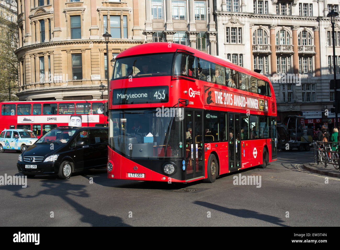 A new bus for London Routemaster passes through Charing Cross on route 453 to Marylebone Stock Photo