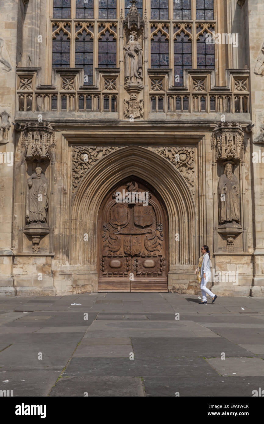 The west front entrance with its oak wooden doors to Bath Abbey in Bath ...