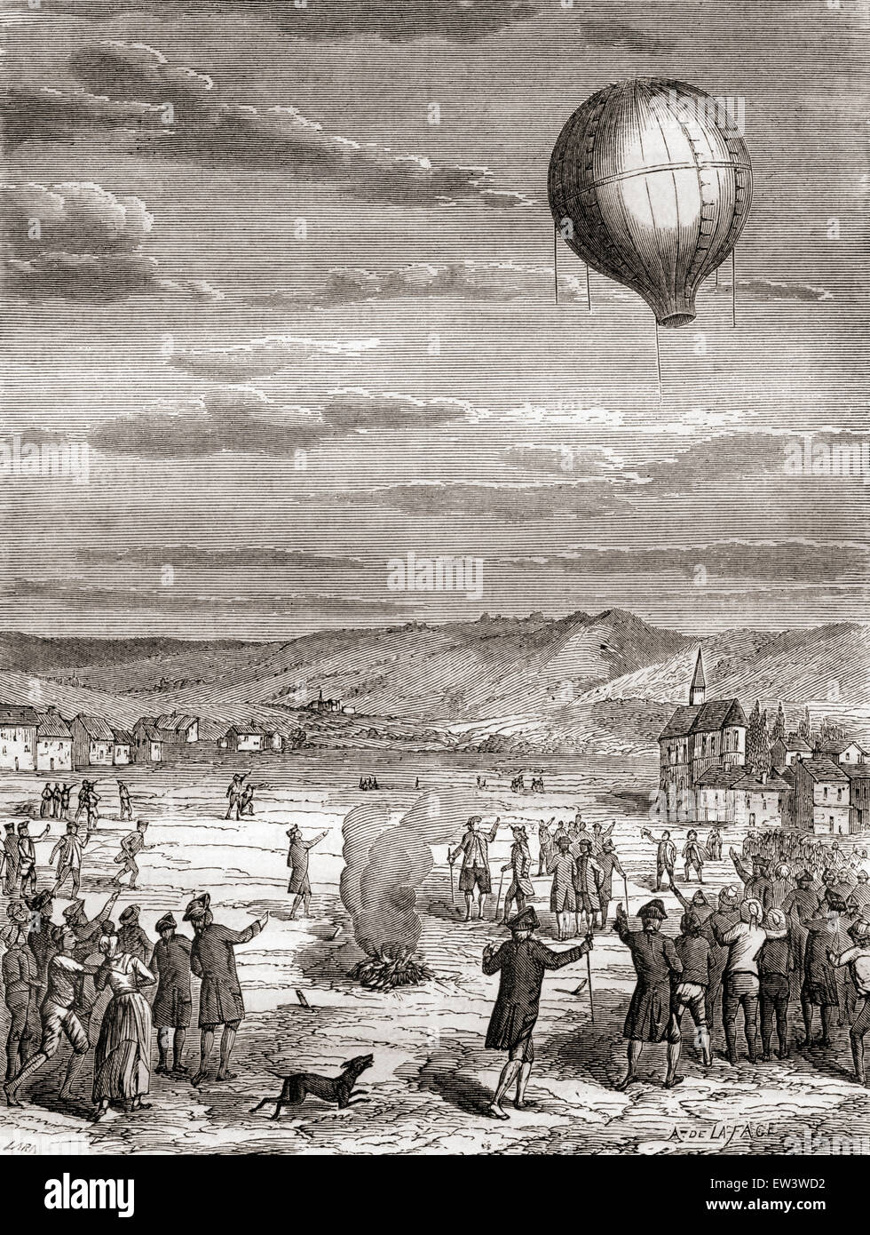 The first public demonstration at Annonay, Ardèche, France by the Montgolfier brothers, of their hot air balloon, 5 June 1783. Stock Photo