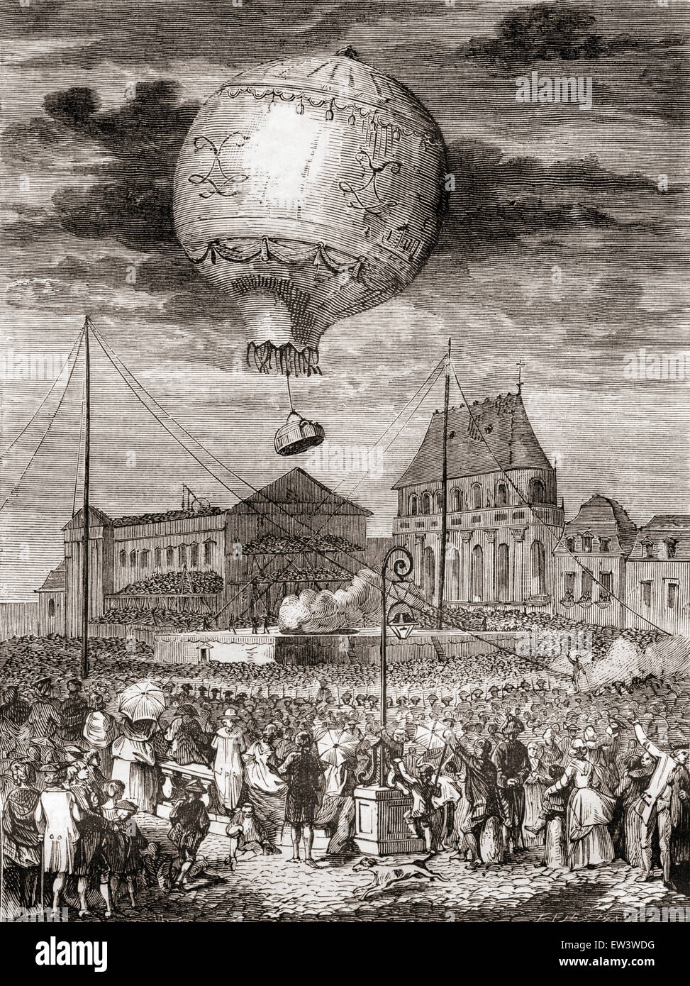 The flight of the Aérostat Réveillon on 19th of September 1783 by the Montgolfier brothers at Versailles, France, before King Louis XVI of France and Queen Marie Antoinette. Stock Photo