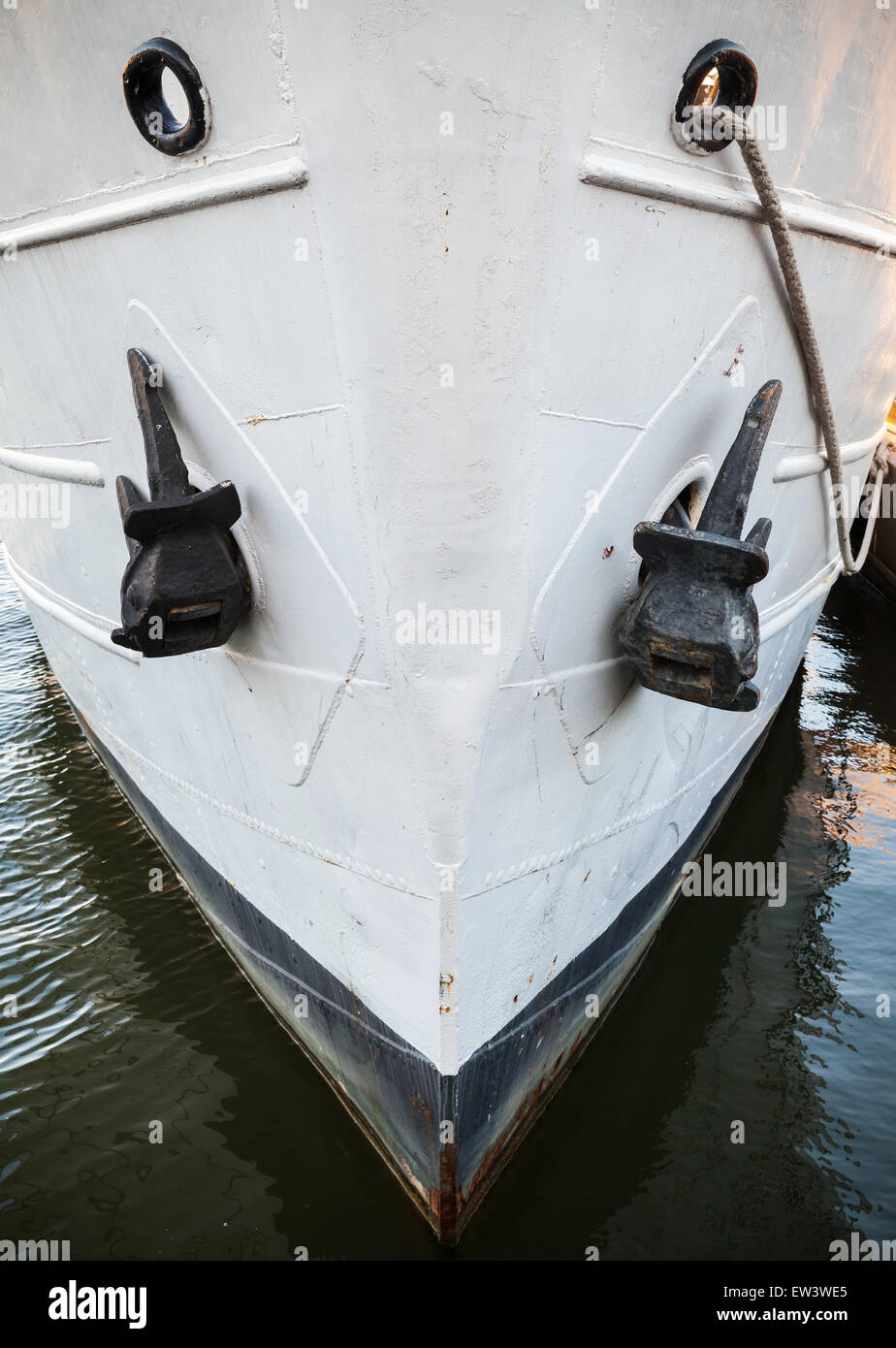 Close up photo of an old ship bow with anchors Stock Photo