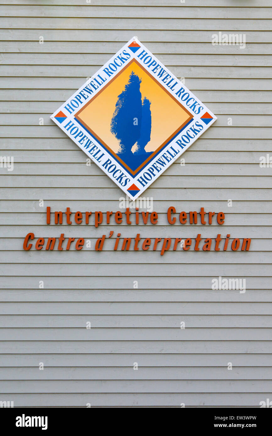 Bay of Fundy, New Brunswick, Canada Hopewell Rocks beach tourist interpretive center sign, centre. Stock Photo
