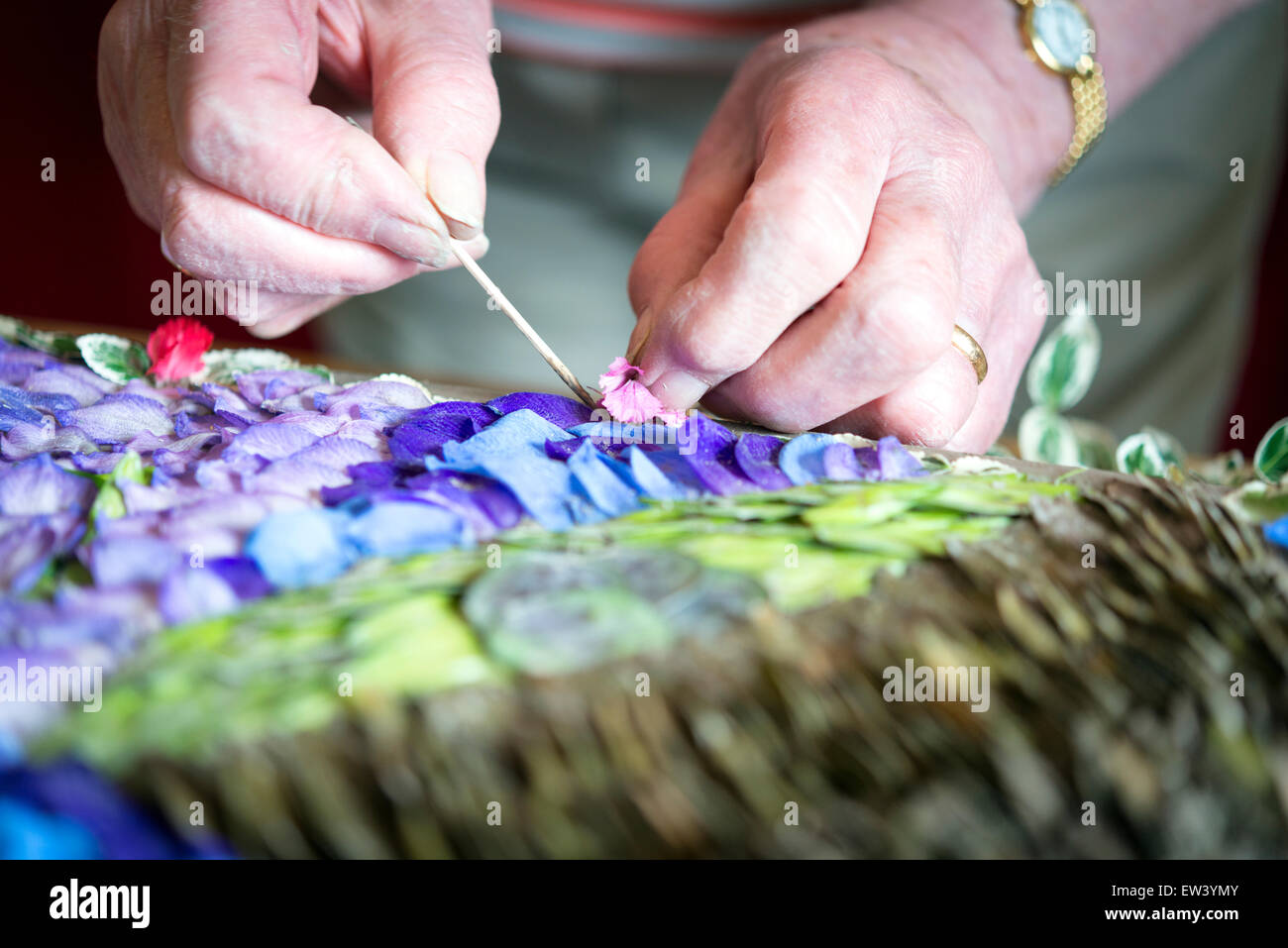 Holywell, UK. 17th June, 2015. Margaret Perryman decorates a wooden frame with thousands of individual flower petals and seeds to form an intricate mosaic picture that is displayed by the ancient well at the Church of St John the Baptist in the riverside village of Holywell, Cambridgeshire UK. The painstaking task is carried out by a team of local volunteers and starts with the design being pricked out in the clay, followed by the placing of individual petals pressed into the clay with a cocktail stick. Credit:  Julian Eales/Alamy Live News Stock Photo