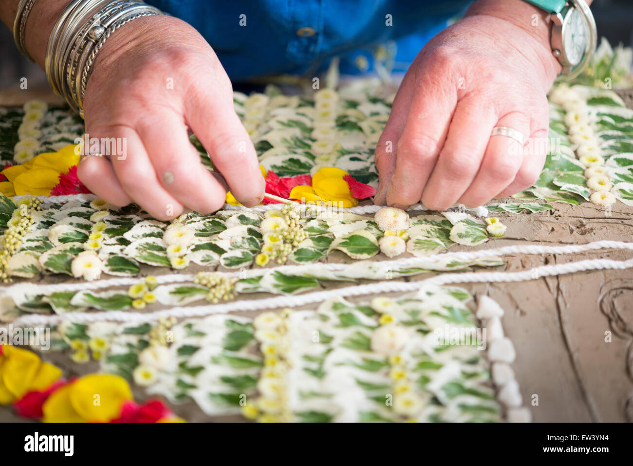 Holywell, UK. 17th June, 2015. Jill Harvey decorates a wooden frame with thousands of individual flower petals and seeds to form an intricate mosaic picture that is displayed by the ancient well at the Church of St John the Baptist in the riverside village of Holywell, Cambridgeshire UK. The painstaking task is carried out by a team of local volunteers and starts with the design being pricked out in the clay, followed by the placing of individual petals pressed into the clay with a cocktail stick. Credit:  Julian Eales/Alamy Live News Stock Photo