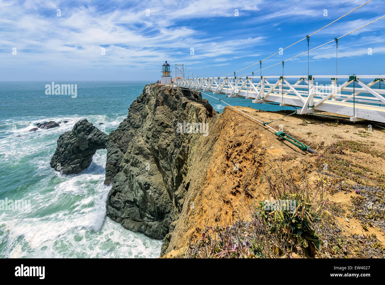 The bridge to Lighthouse on the rock under beautiful sky, Point Bonita Lighthouse, San Francisco, California Stock Photo