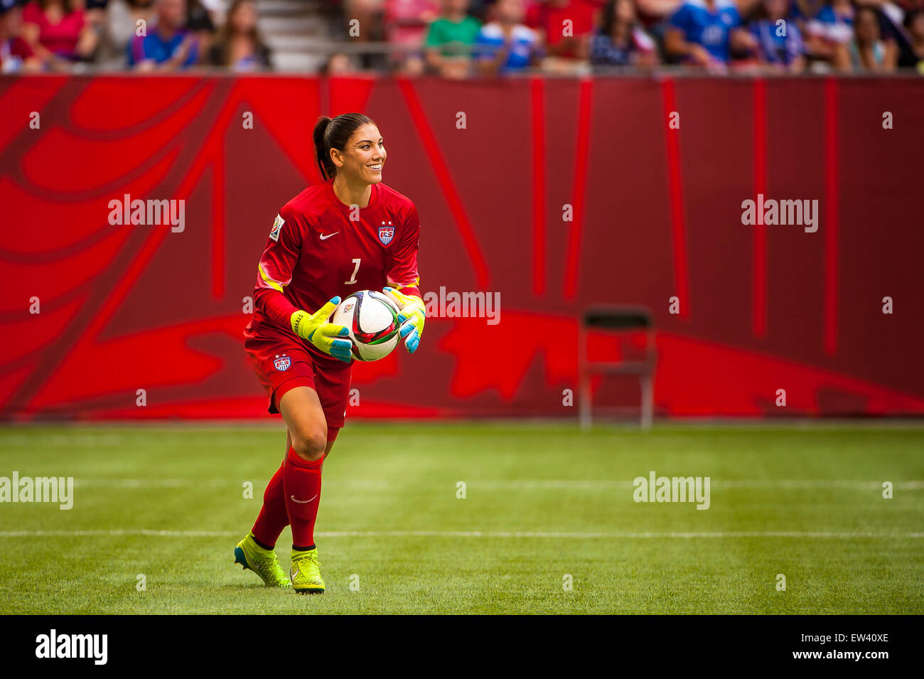 Vancouver, Canada. 16th June, 2015. United States goalkeeper Hope Solo (#1) with the ball following a save during the opening round match between Nigeria and the United States at the FIFA Women's World Cup Canada 2015 at BC Place Stadium. The United States won the match 1-0. Credit:  Matt Jacques/Alamy Live News Stock Photo