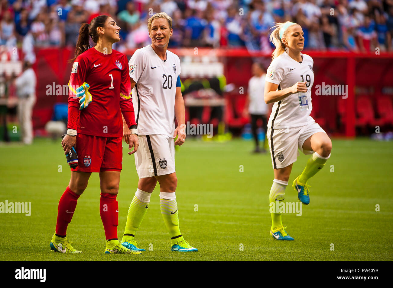 Vancouver, Canada. 16th June, 2015. United States goalkeeper Hope Solo (#1) and United States forward Abby Wambach (#20) following their opening round victory over Nigeria at the FIFA Women's World Cup Canada 2015 at BC Place Stadium. The United States won the match 1-0. Credit:  Matt Jacques/Alamy Live News Stock Photo