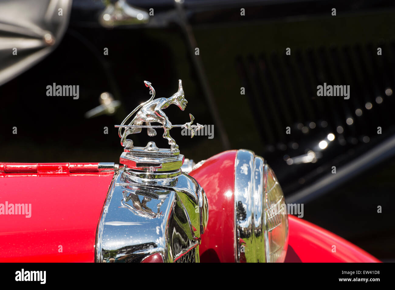 Devil hood ornament / Radiator cap on a vintage Morgan car Stock Photo