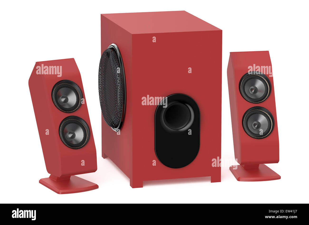 red loudspeakers with subwoofer system 2.1 isolated on white background Stock Photo
