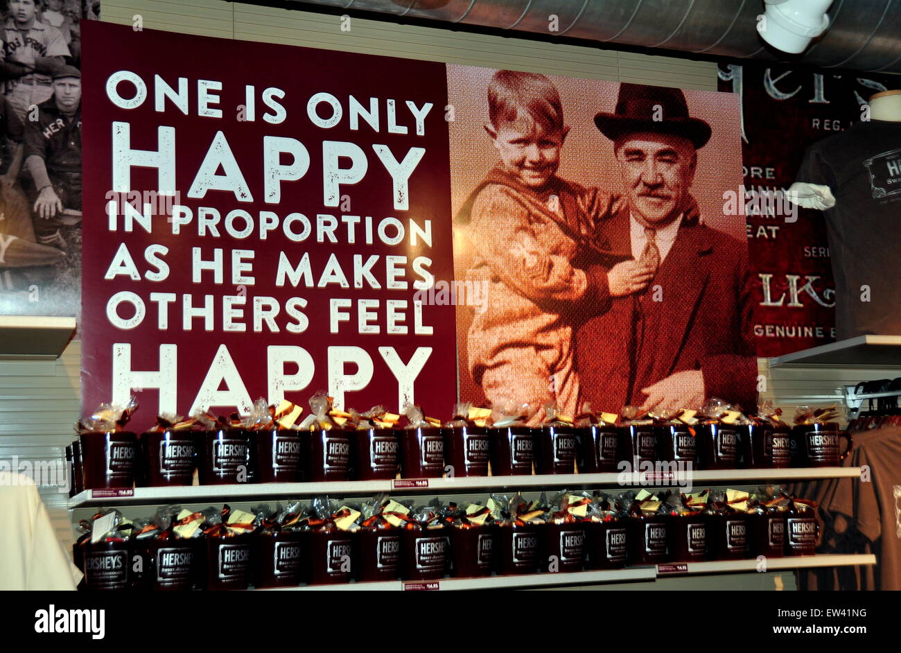 Hershey, Pennsylvania:  Photo and quote of Milton S. Hershey holding child in the Chocolate World super store Stock Photo