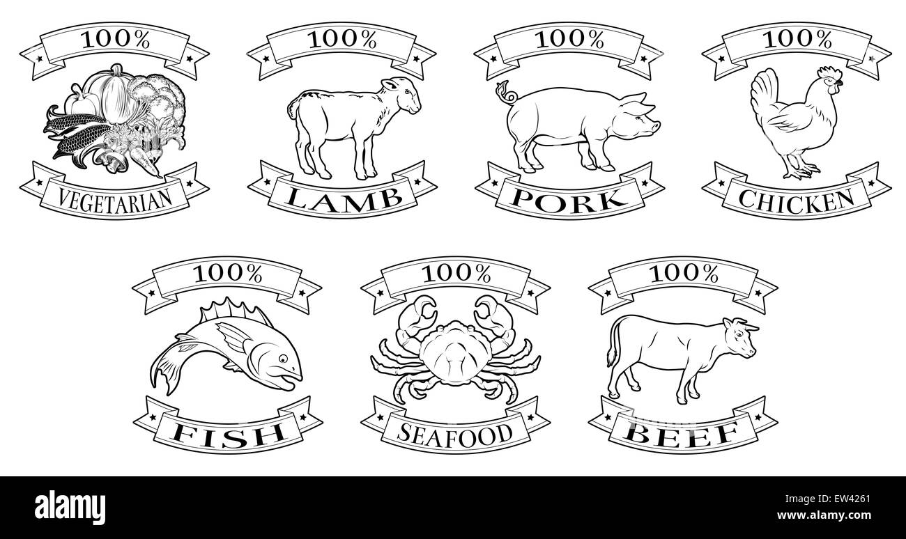 A set of 100 percent food icons, packaging labels or menu illustrations for beef chicken fish pork lamb seafood and vegetarian o Stock Photo