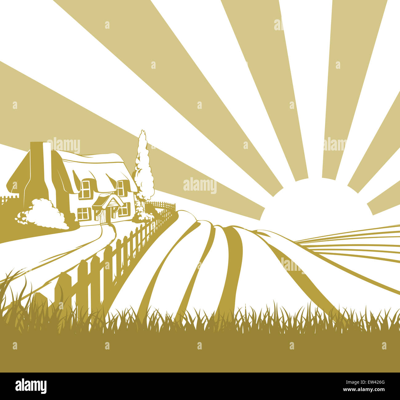 Farm field landscape concept illustration with sunrise Stock Photo - Alamy