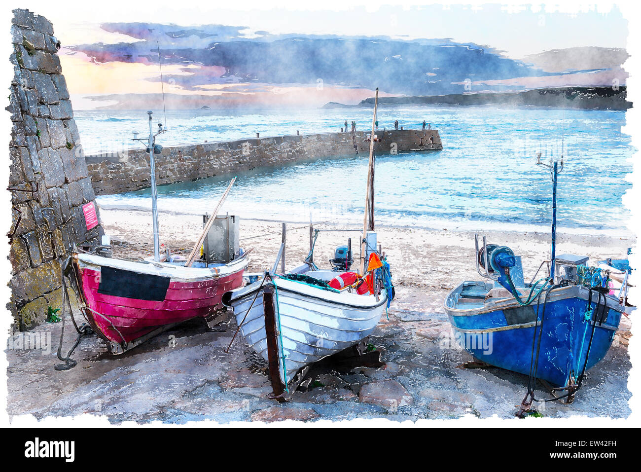 Fishing boats on the beach at Sennen Cove near Land's End in Cornwall ...