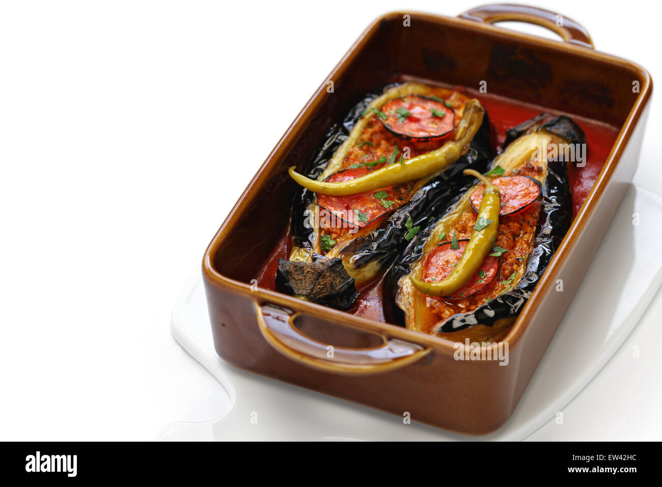 karniyarikv, stuffed eggplant, turkish cuisine isolated on white background Stock Photo