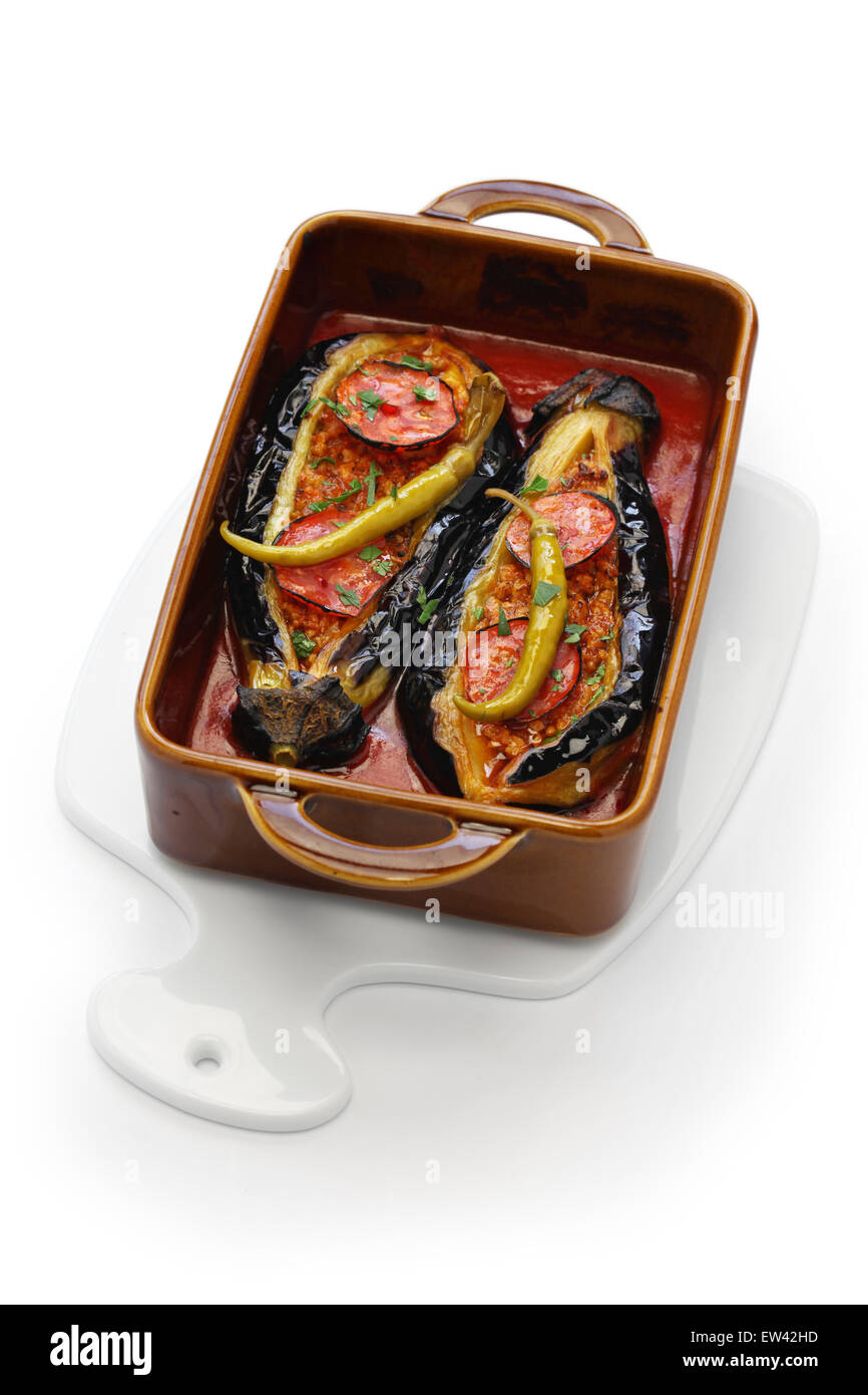 karniyarikv, stuffed eggplant, turkish cuisine isolated on white background Stock Photo
