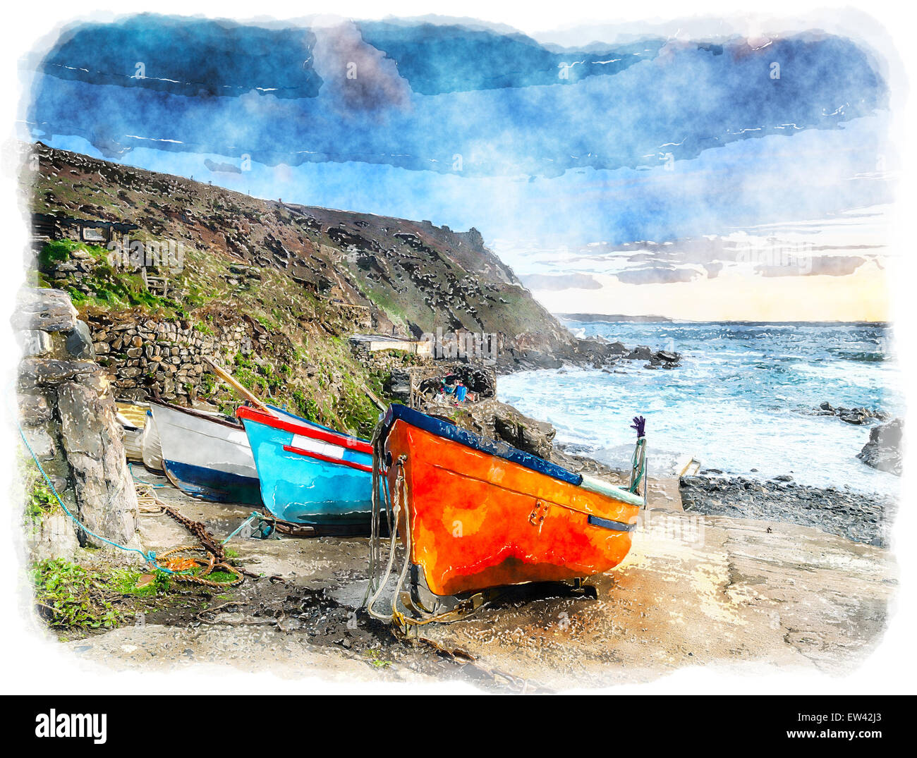 Fishing boats on the slipway at Priest's Cove near Penzance in Cornwall ...