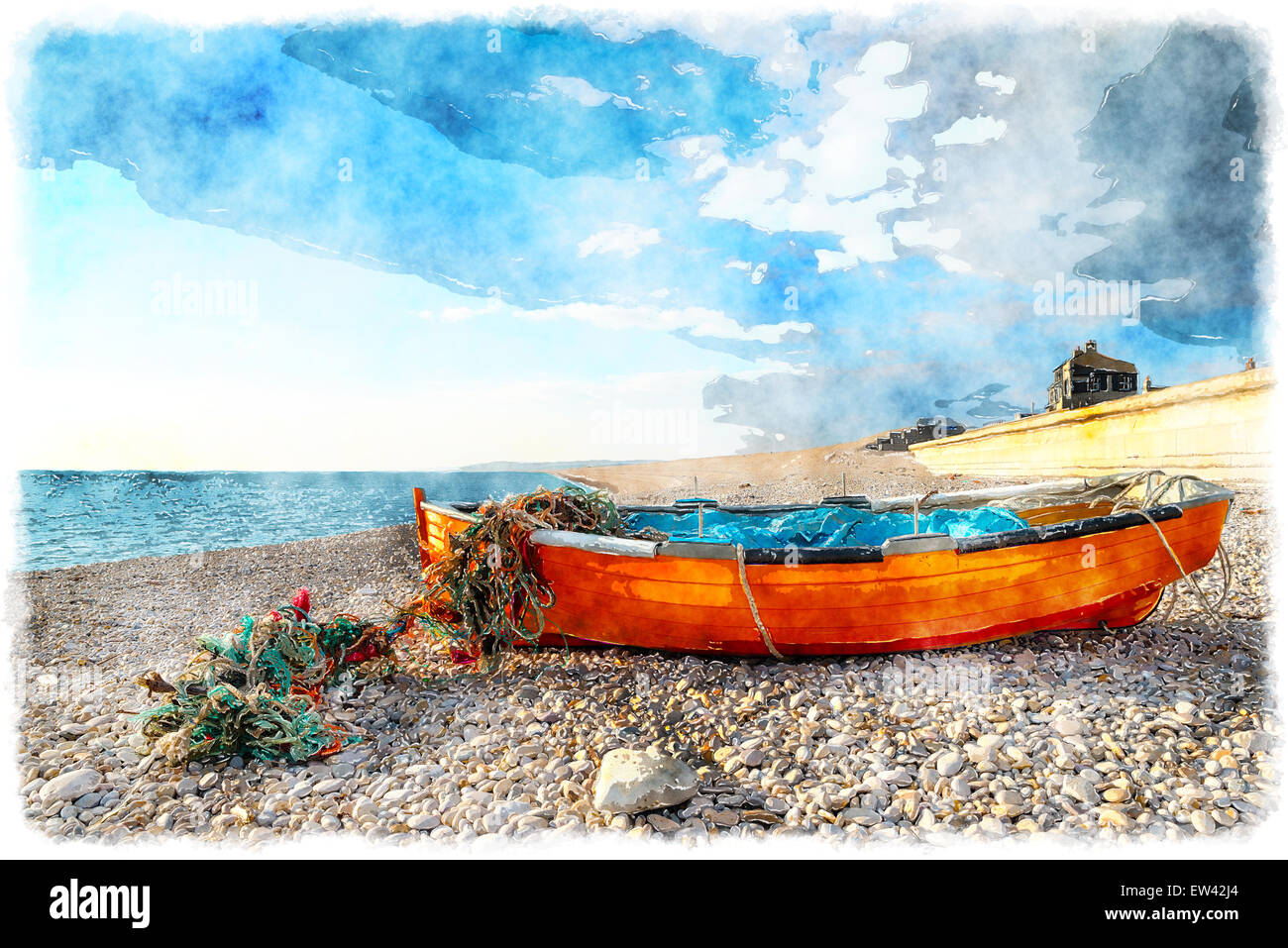 Colourful fishing boat on the beach at Chesil Cove in Portland in