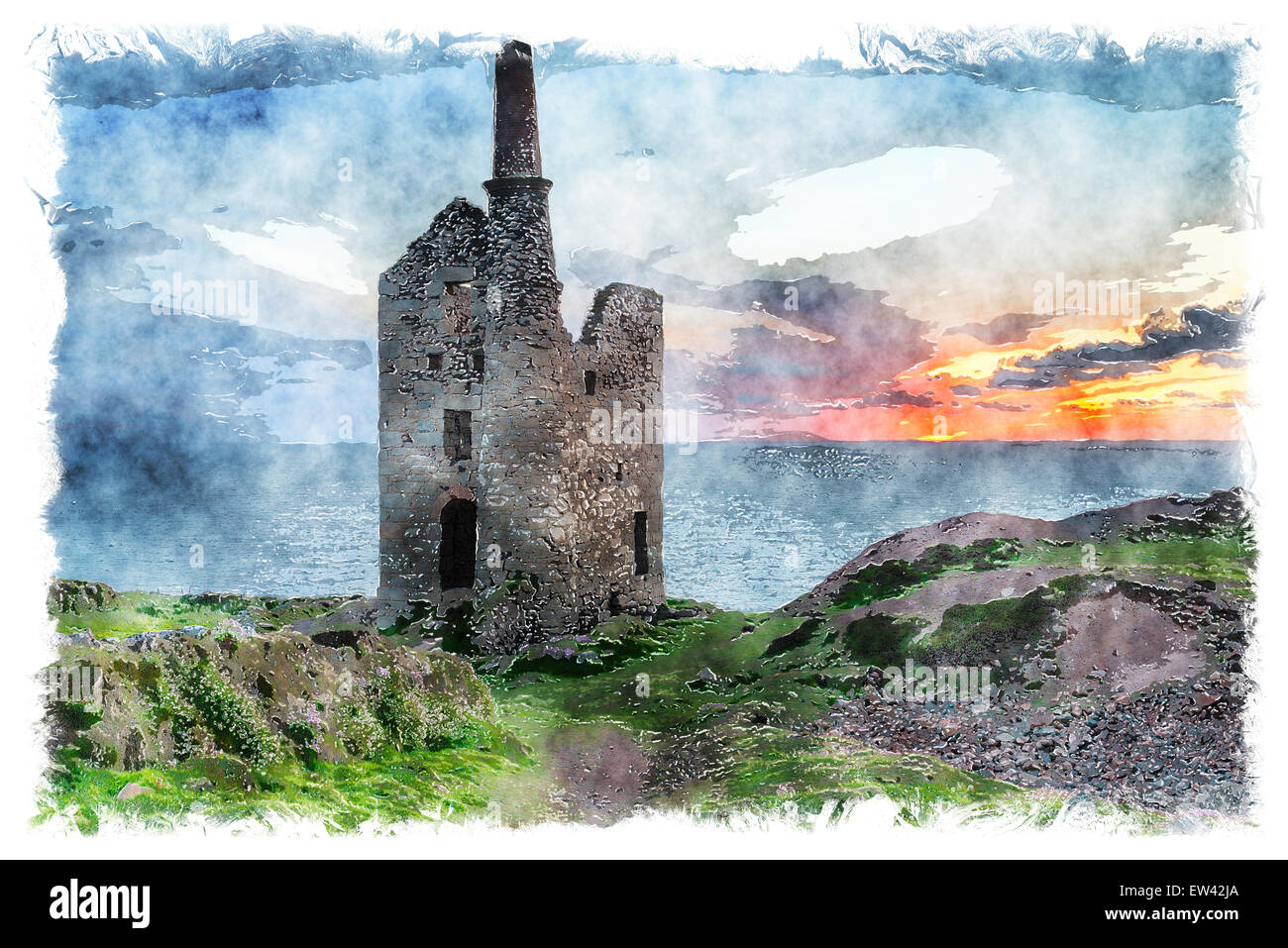 Stunning sunset at Wheal Owles mine ruins on in the far west of Cornwall at Botallack Stock Photo
