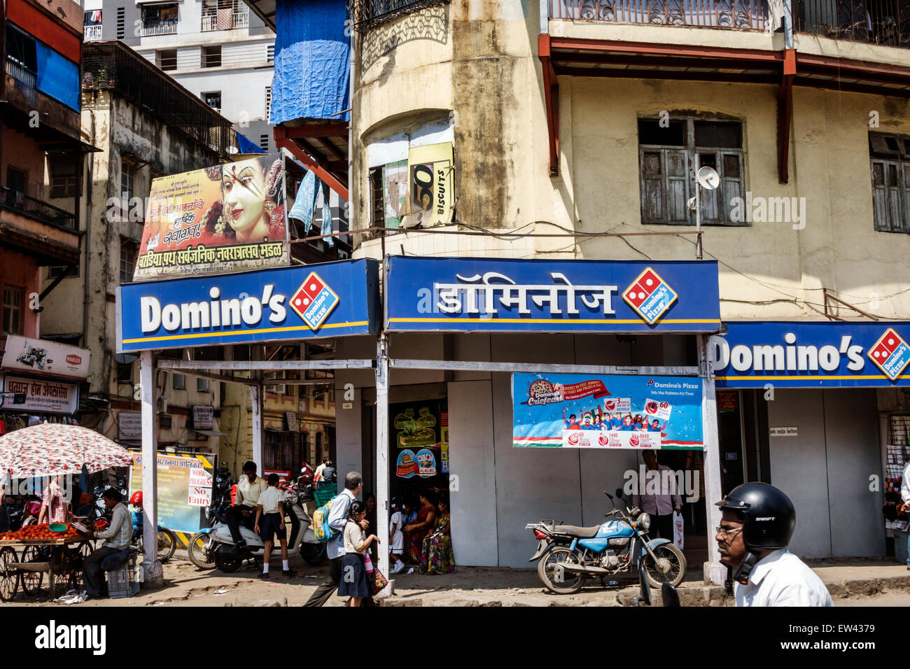 Mumbai India,Tardeo,Jehangir Boman Behram Road,Domino's Pizza,front,entrance,Hindi English,sign,slum condominium,residential,apartment,apartments,flat Stock Photo