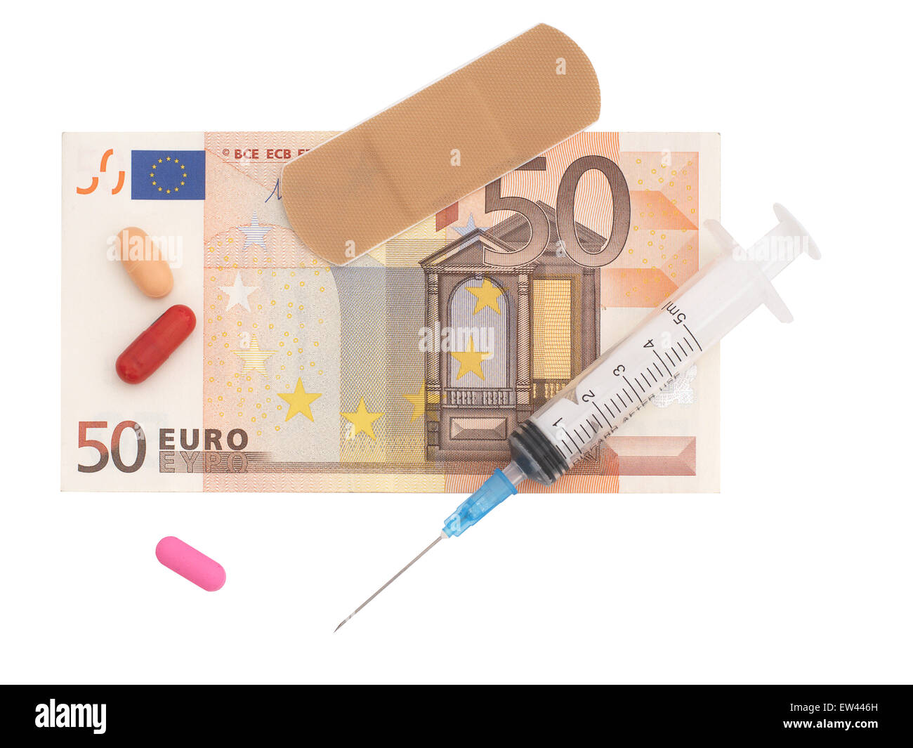 Euro note and medical items. First Aid for the Euro, Eurozone. Concept isolated on white. Stock Photo