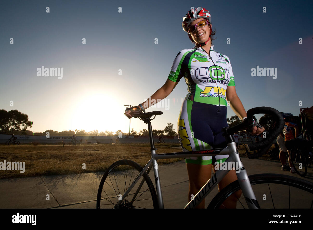 dramatic portrait of a women track rider at the veladrome Stock Photo