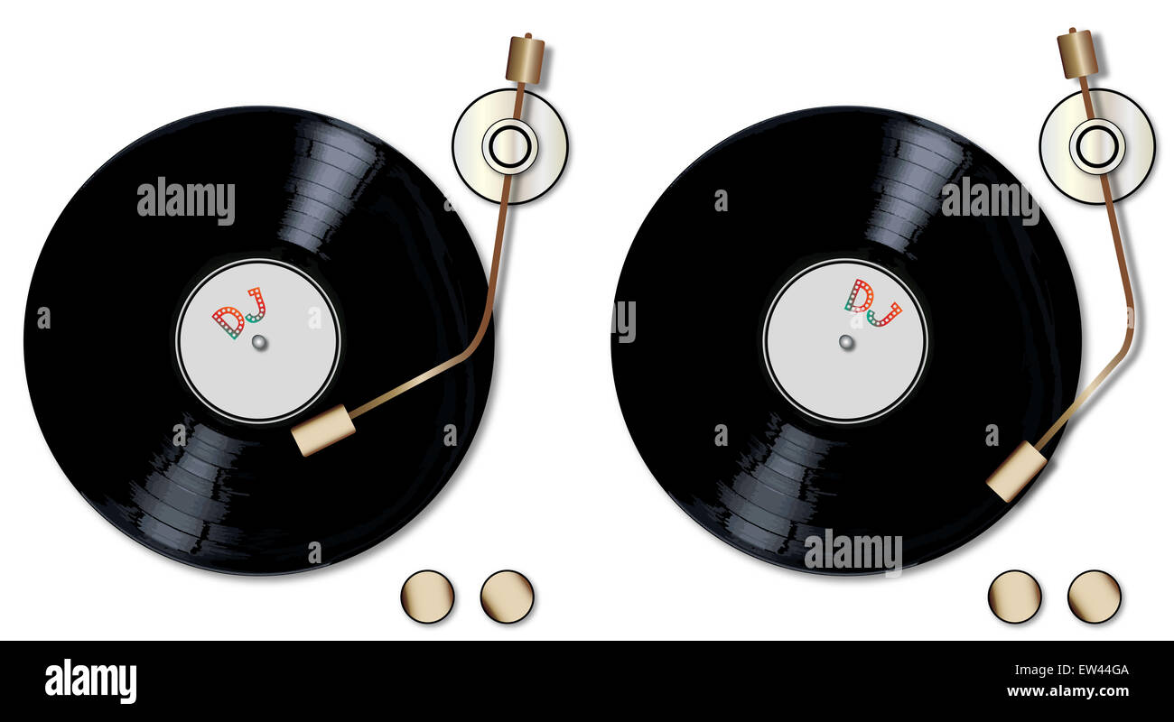A pair of typical LP vinyl records turning on a pair of record decks