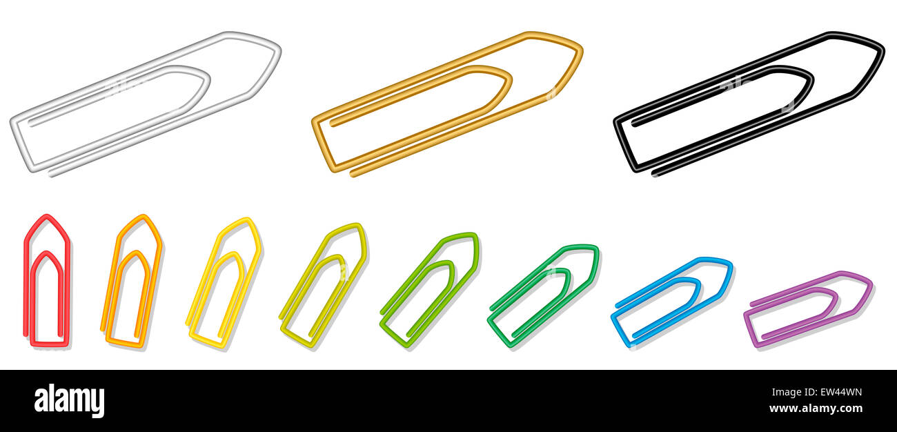 Paper clips - metallic silver, golden, black and rainbow colored realistic looking collection. Stock Photo