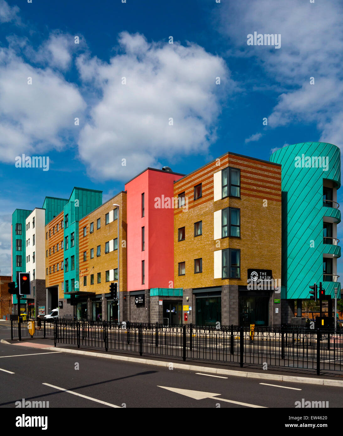 Brightly coloured modern flats in Loughborough town centre