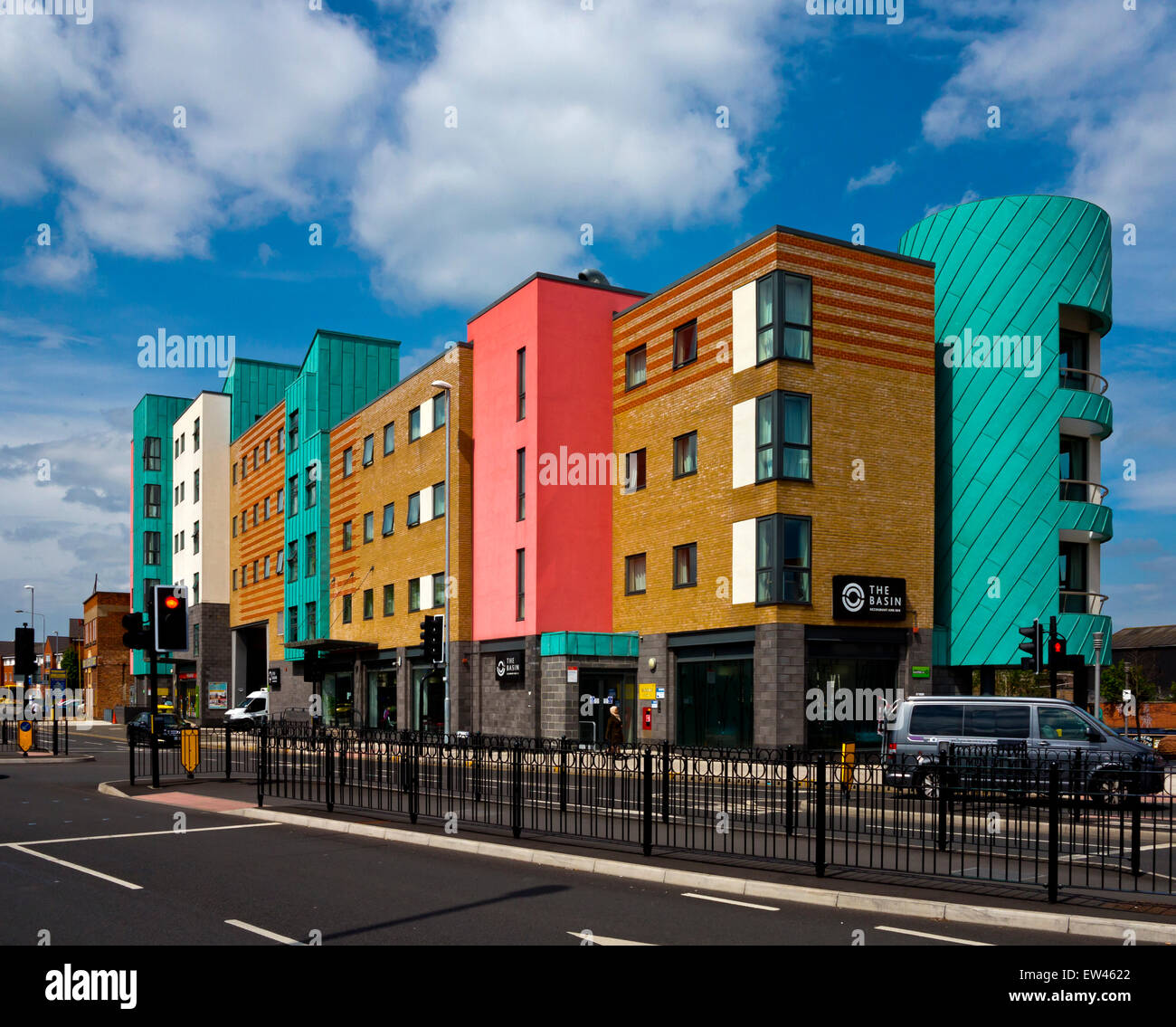 Brightly coloured modern flats in Loughborough town centre