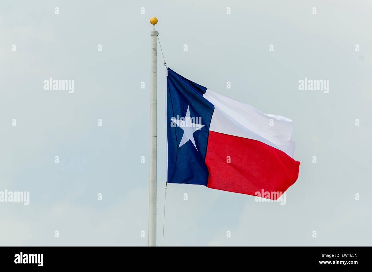 The Texas State flag flying from a flagpole against a pale blue sky