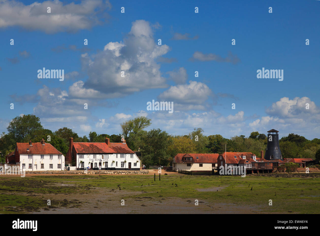 Scenic view of the Royal Oak and Langstone Mill at low tide Stock Photo