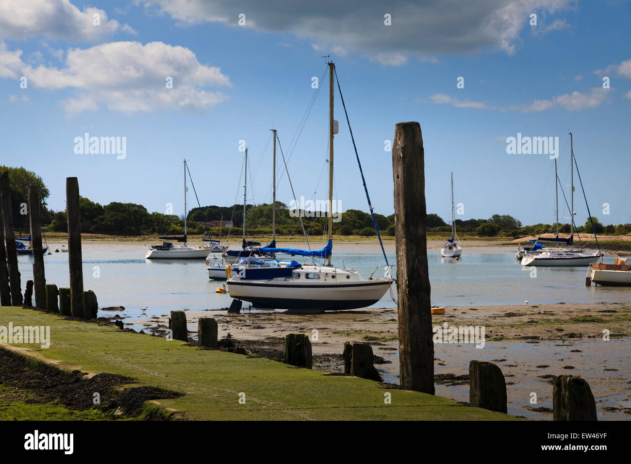 Slime covered slipway with yachts at low tide Stock Photo
