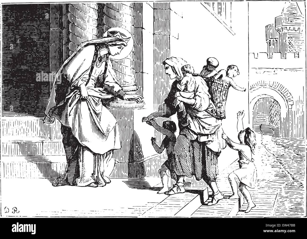 Saint Bathilde rescuing unhappy, vintage engraved illustration. Stock Vector