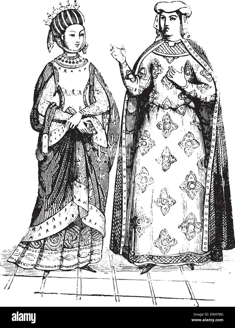 Blanche of Castile and Margaret of Provence, vintage engraved illustration. Stock Vector