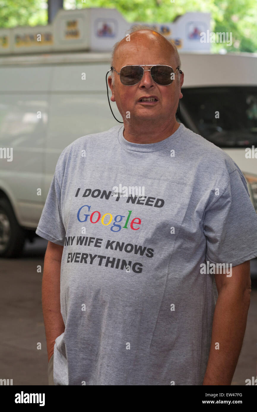 Man wearing I don't need Google my wife knows everything t-shirt at  Dorchester Stock Photo - Alamy