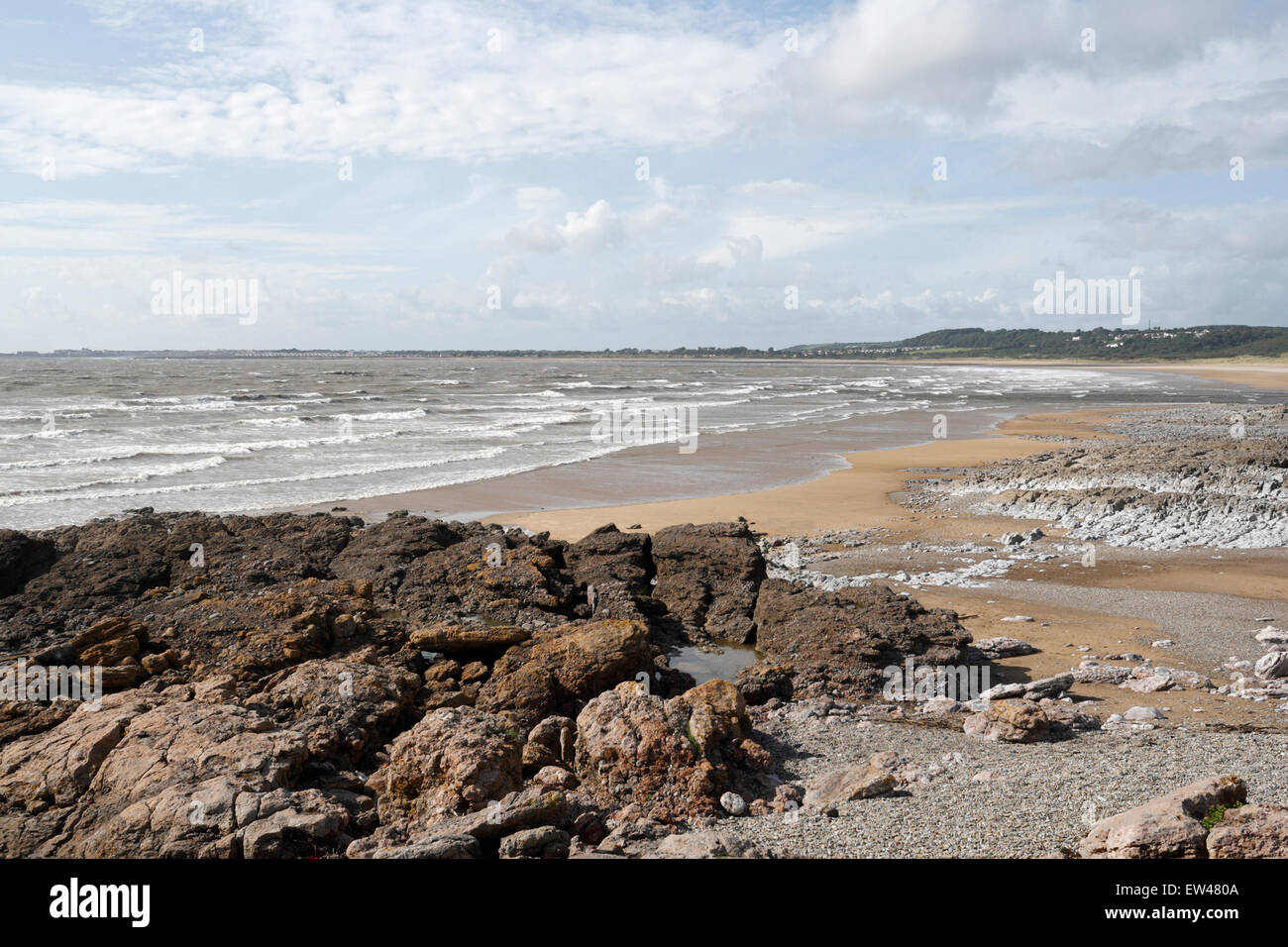 British coastline. Quiet beach at Ogmore by Sea Wales UK, welsh coast, wales coastline. Scenic view of beach and sky Stock Photo