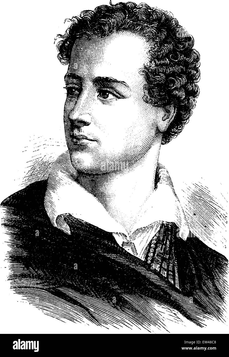 Lord Byron, vintage engraved illustration. History of France – 1885. Stock Vector