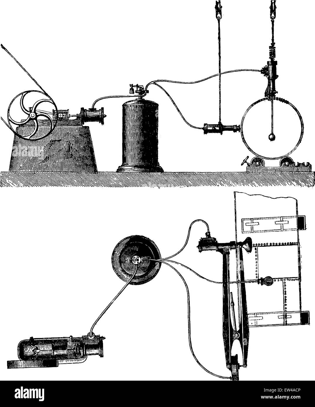 Exterior view and plan the installation of a portable compressed-air riveter, vintage engraved illustration. Industrial encyclopedia E.-O. Lami - 1875. Stock Vector