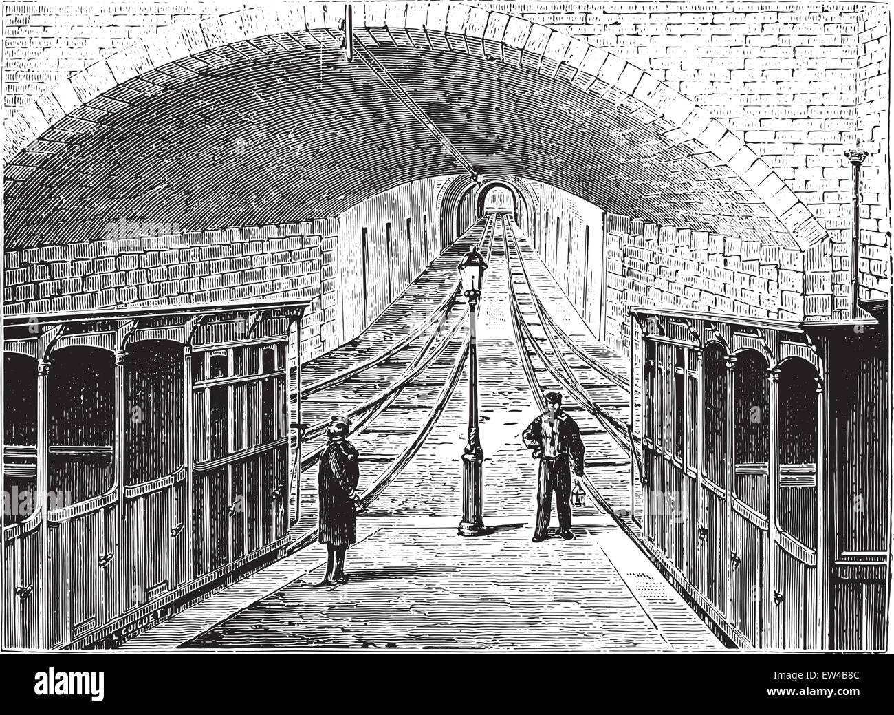 View the funicular railway La Croix-Rousse in Lyon, vintage engraved illustration. Industrial encyclopedia E.-O. Lami - 1875. Stock Vector